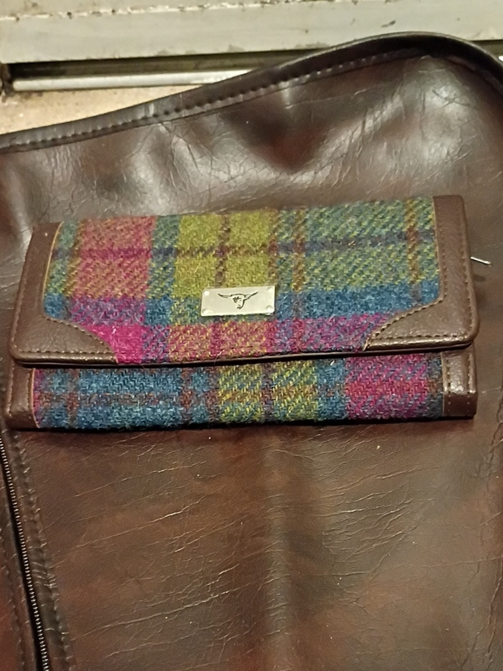 Multicolor Tweed Fold-Over Wallet with Brown Trim